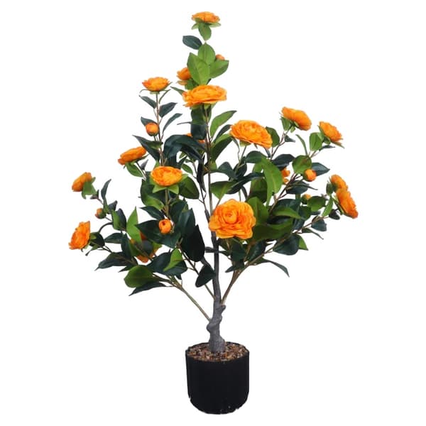 Konstgjord Kamelia Växt, 100 cm Höjd, 28 Blommor, Underhållsfri,Orange Blomma