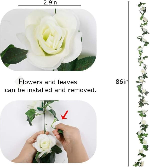 Lollanda Konstgjord rosenväxt och grön växtdekoration – Rosgirlang med blad, realistisk blomdekoration för hem och trädgård