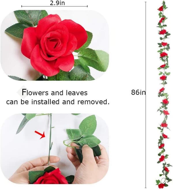 Lollanda Konstgjord rosenväxt och grön växtdekoration – Rosgirlang med blad, realistisk blomdekoration för hem och trädgård