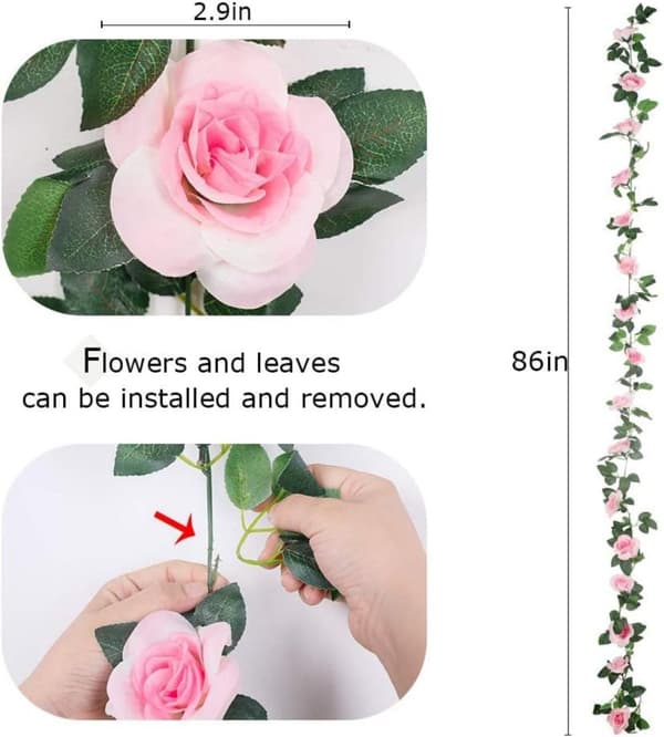 Lollanda Konstgjord rosenväxt och grön växtdekoration – Rosgirlang med blad, realistisk blomdekoration för hem och trädgård