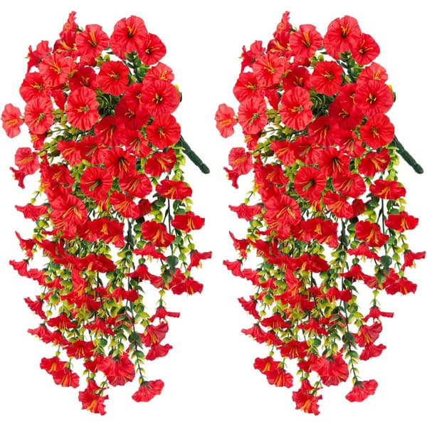 Lollanda 2-pack Konstgjorda Hängblommor 75 cm, Hängande Konstgjord Morning - UV-resistenta, Naturtrogna För Trädgård & Heminredning Röd