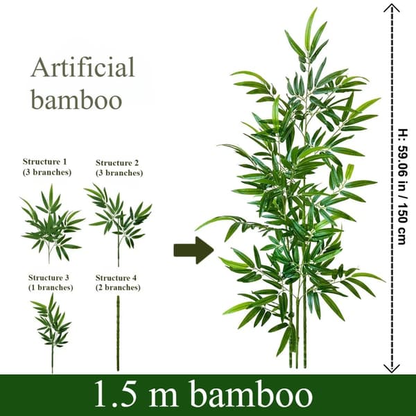 Konstgjord bambu, naturligt gröna lövverk, golvplacering, mångsidig dekoration,1.5Cm bambu