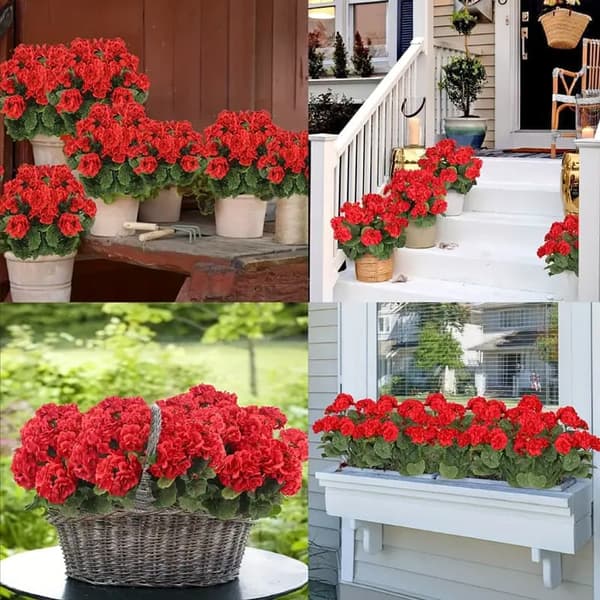 OBOSOE 24-pak kunstige pelargonier, UV-resistente falske blomster udendørs planter indretning