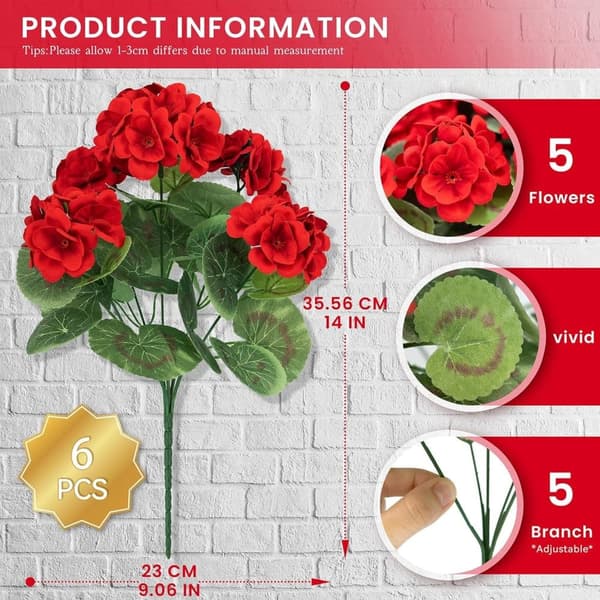 OBOSOE 24-pak kunstige pelargonier, UV-resistente falske blomster udendørs planter indretning
