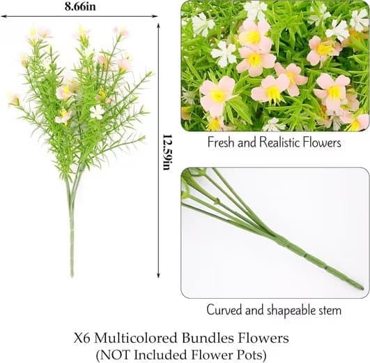 Lollanda kunstige blomster 6 stk, kunstige blomster – vejrbestandige, formbare, dekoration - naturtro blomster til have- og boligindretning
