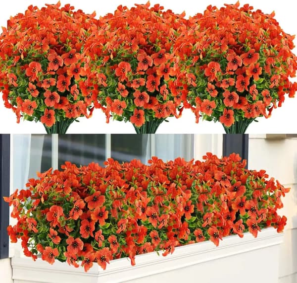 Kunstige blomster, UV-bestandige, letvægts,Bundles 4orange Rød