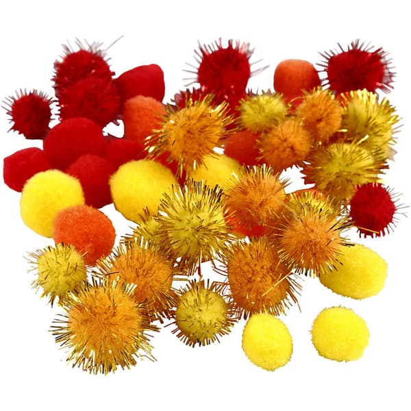Pomponer, dia. 15+20 mm, orange, rød, gul, 48ass./ 1 pk.