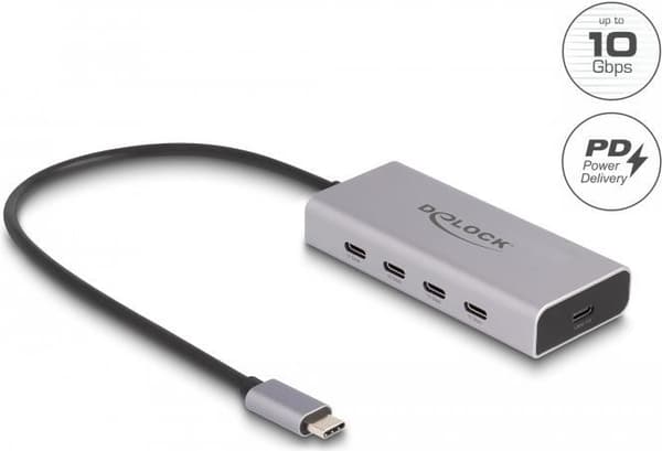 Delock - Hub - 10 Gbps, PD 85 Watt, med 30 cm anslutningskabel - 5 x USB-C - Desktop (64235)