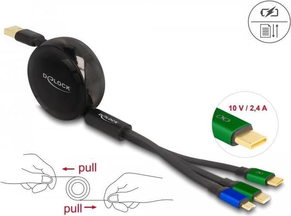 Delock - USB-kabel - USB (M) till Micro-USB Typ B, 2 x USB-C (M) - USB2.0 3 A - 1,13 m - infällbar, upp till 480 Mbps - svart (85359)