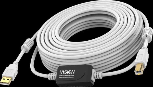 Vision White USB 2.0 -kaapeli 10 m - 10 m - USB A - USB B - USB 2.0 - 480 Mbit/s - Valkoinen (TC 10MUSB+/2)