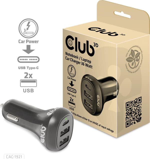 CLUB3D USB biloplader 1xUSB C 2xUSB A 36W 12/24V detailhandel (CAC-1921)