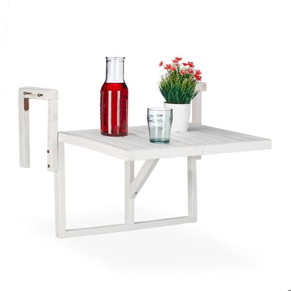 Relaxdays Fällbart trädgårdsbord i trä för balkong, att hänga, variabel höjd, HLP: 55x70x65 cm, furu, vit