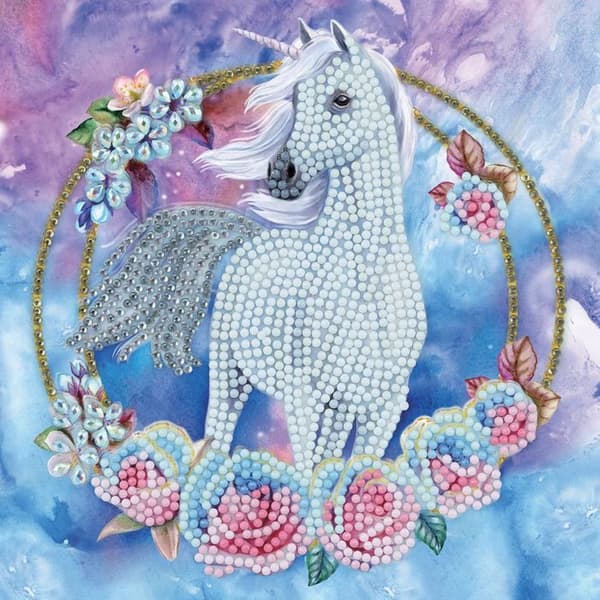 Crystal Art diamantkort - Enhörning och blommor - 18 x 18 cm