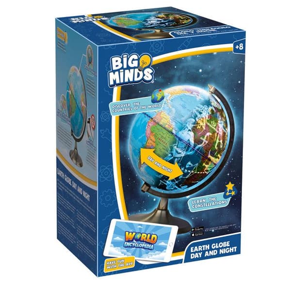 BIG MINDS - Interactive Earth Globe på engelska | Lysande barns jordklot natt- och dagläge | Med applikation |