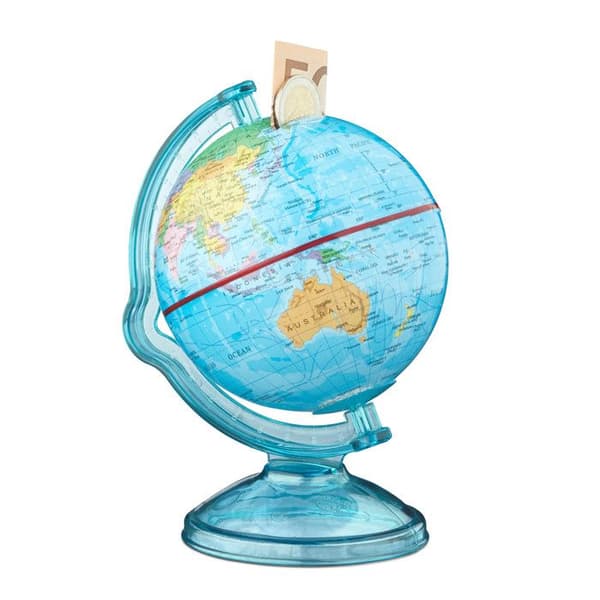 Relaxdays Money Box Globe Box för att spara mynt Världskarta på engelska Resor HxBxD: 16,5 x 14 x 14 cm, Färgad