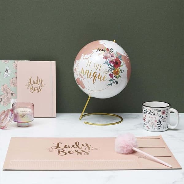 Globe Terrestre Déco - PARIS PRIX - 29cm - Vit &amp; Rosa - Design Girly - Inredning