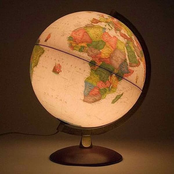 Upplyst geografisk jordglob - World Antiquus - Naturligt trä och metall täckt med mässing - 30cm