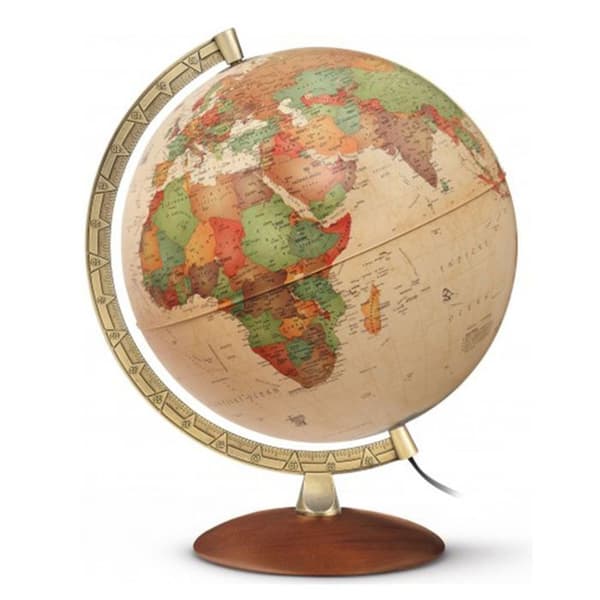 Upplyst geografisk jordglob - World Antiquus - Naturligt trä och metall täckt med mässing - 30cm