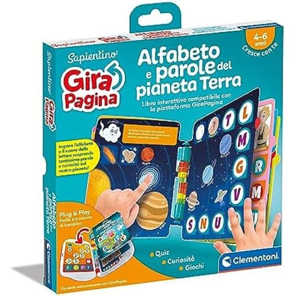Clementoni- Sapientino Alfabetet på planeten Jorden elektroniska barn Kompatibel med sidvändare, Pedagogiskt spel 4 år, Bok