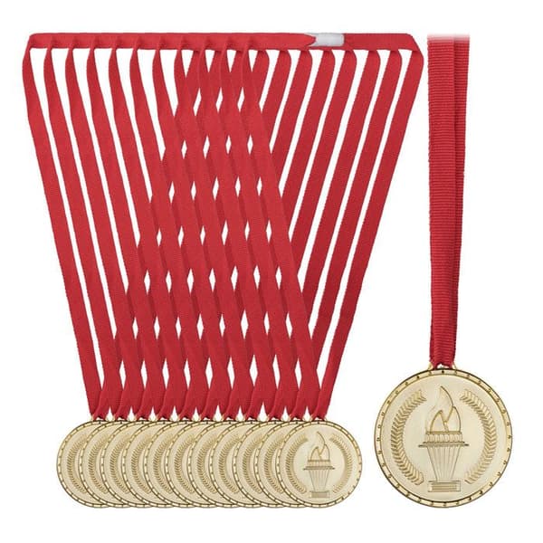 Guldmedaljer - Relaxdays - Sats om 12 - 5 cm Ø - Blå-vit-röd band - Guldplast