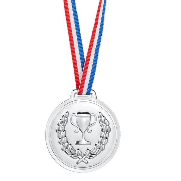 Relaxdays Set med 12 medaljer, för barn, band, fackla, prisutdelning, 6 cm Ø, plast, brons, silver, guld