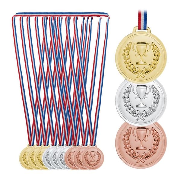 Relaxdays Set med 12 medaljer, för barn, band, fackla, prisutdelning, 6 cm Ø, plast, brons, silver, guld