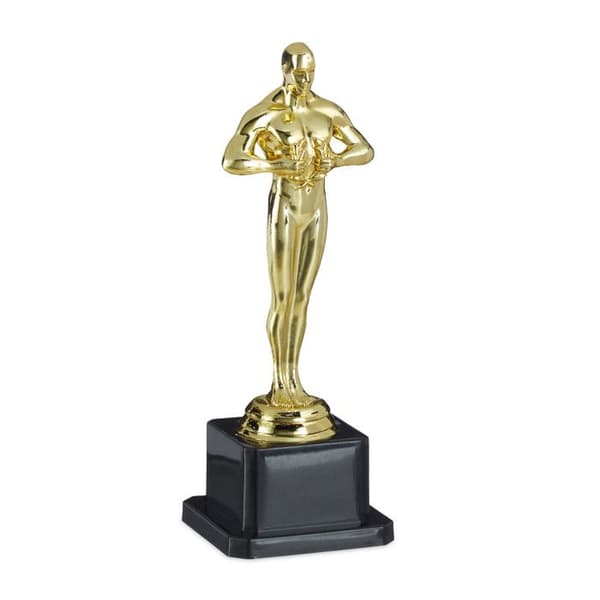 Relaxdays Vinnande staty, fyrkantig bas, figur med krona, vinnartrofé, Hollywood, 18 cm hög, gyllene