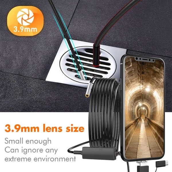 Vanntett inspeksjonskamera - 5 meter fleksibel kabel, HD-oppløsning og LED-belysning