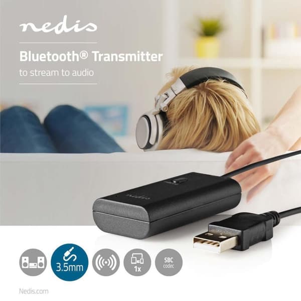 Nedis BTTR050BK Trådlös ljudsändare Bluetooth® Upp till 1 hörlurar Svart