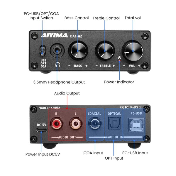 Audio DAC, Digital til Analog Konverter, HiFi Hjemmebiograf, Sort