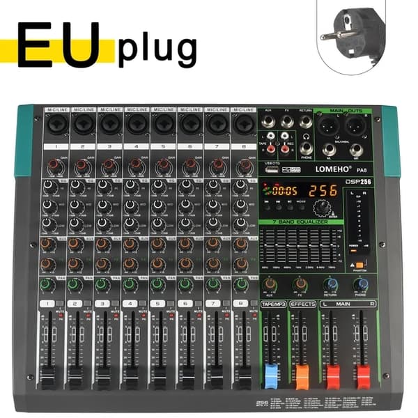 Mixerbord, 7-band EQ, 8-kanals ljudmixer, EU-kontakt