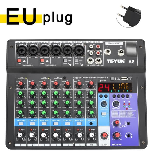 Mixningsbord, 8 kanaler, Bluetooth-anslutning,EU-kontakt