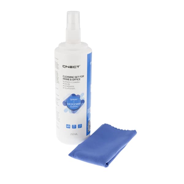 Qnect rengjøringsspray 250 ml med mikrofiberklut for kontorflater