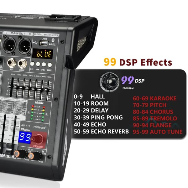 Freeboss ljudmixer, 6 kanaler, Bluetooth-anslutning,EU PLUG