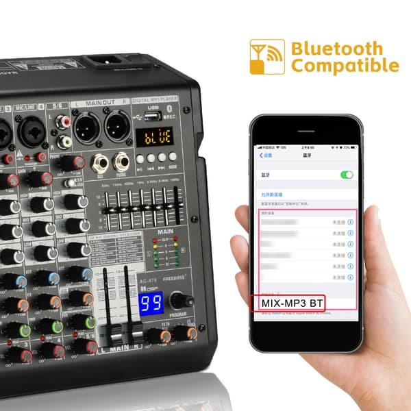 Freeboss ljudmixer, 6 kanaler, Bluetooth-anslutning,EU PLUG