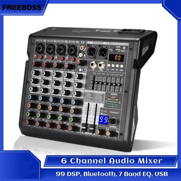 Freeboss ljudmixer, 6 kanaler, Bluetooth-anslutning,EU PLUG