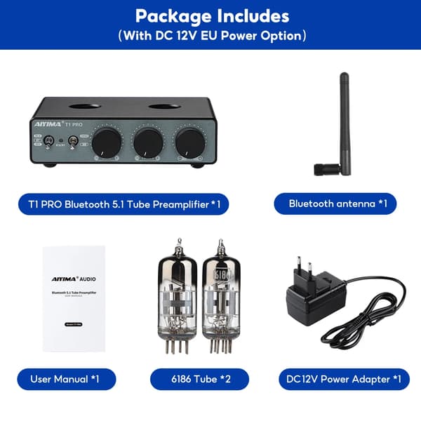 Aiyima T1 PRO Rörförstärkare, Bluetooth 5.1-anslutning, Anpassningsbar bas och diskant,Med DC12V EU-kontakt