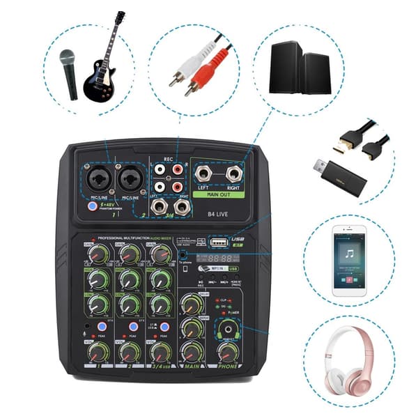 4-kanals lydmixer, indbygget lydkort, USB- og Bluetooth-forbindelse