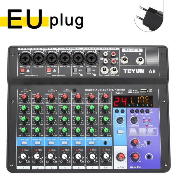Mixerpult, 8 kanaler, Bluetooth-forbindelse,EU-stik