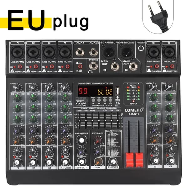 Audio mixer, 48V XLR-udgang, Bluetooth-afspilning, 6 Kanal EU STIK