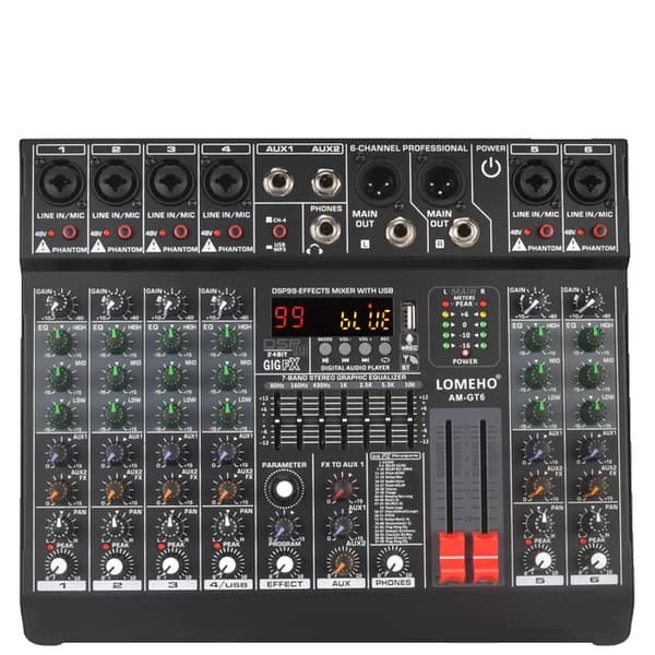 Audio mixer, 48V XLR-udgang, Bluetooth-afspilning, 6 Kanal EU STIK