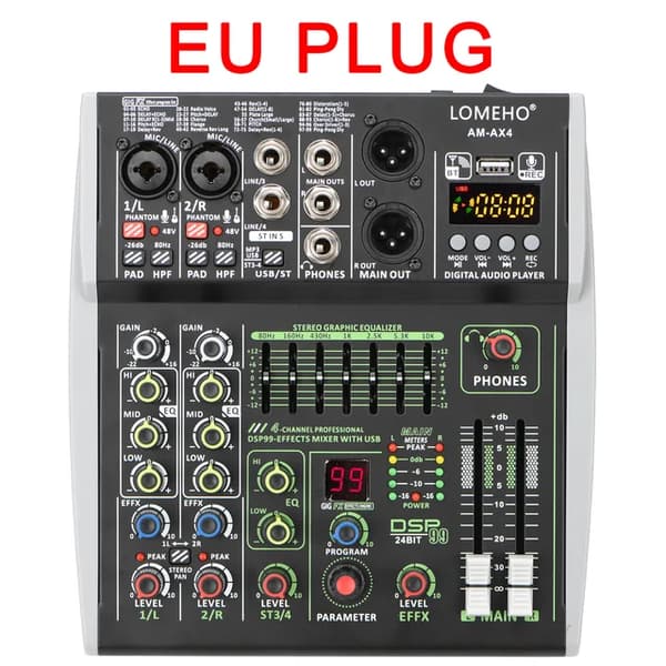 Ljudmixer, 4 kanaler, Bluetooth-anslutning, 4-kanals EU-kontakt