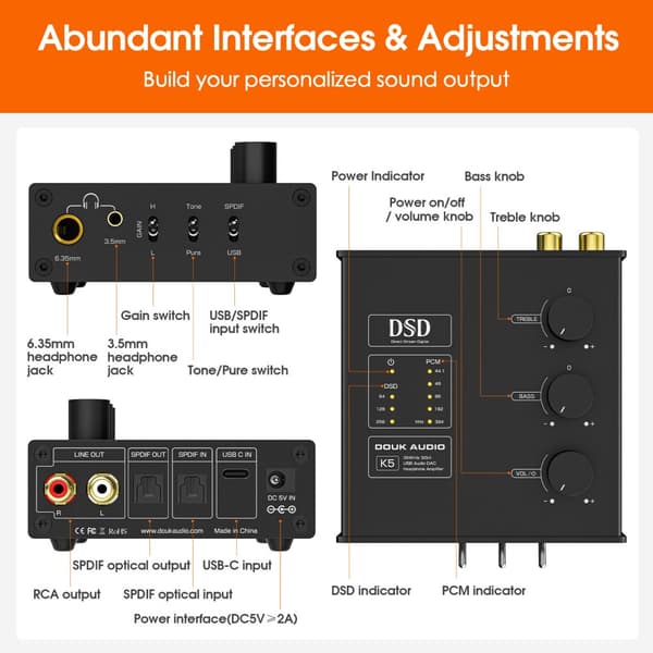 USB DAC, højtydende lydkvalitet, alsidige tilslutningsmuligheder