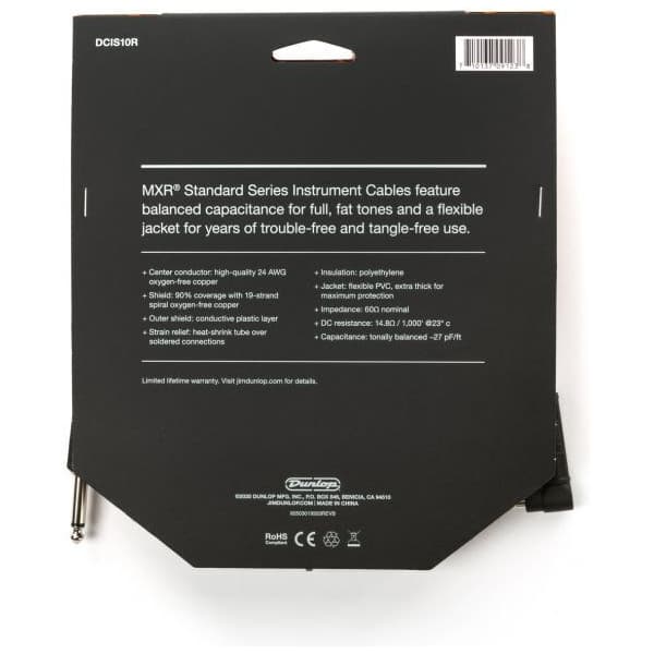 MXR Standard -instrumentkabel med vinklad kontakt 3m, svart