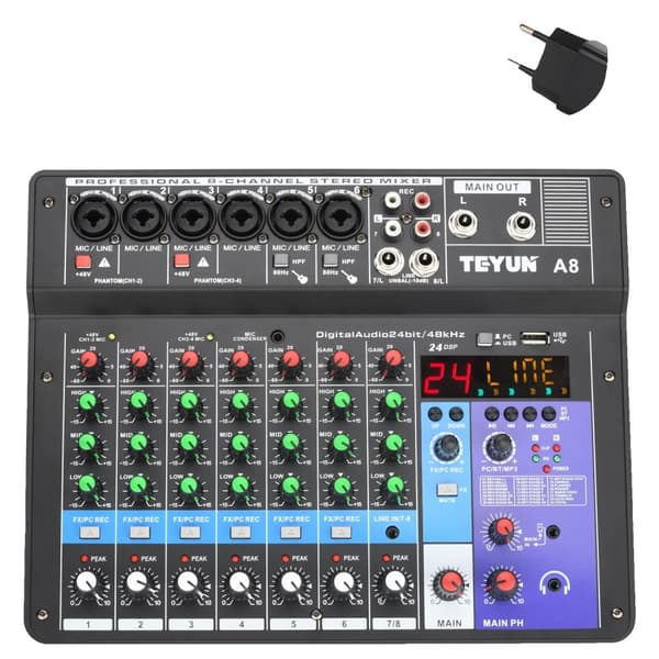 TEYUN 8-kanals ljudmixer, 24 DSP-effekter, 48V fantomström,EU-kontakt