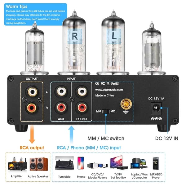 Nobsound T9 Mini Phono-vaihe-esivahvistin, kaksoisputkimuotoilu, RCA- ja kuulokelähdöt, säädettävä taustavalo