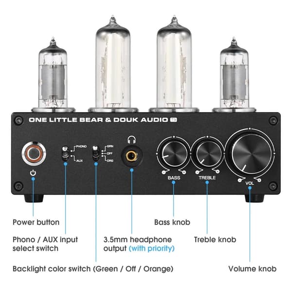 Nobsound T9 Mini Phono-vaihe-esivahvistin, kaksoisputkimuotoilu, RCA- ja kuulokelähdöt, säädettävä taustavalo