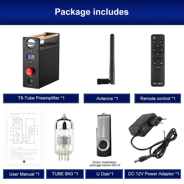 AIYIMA T8 Audio Putkivahvistin, Bluetooth-tuki, Useita sisääntuloja,Mukana 12V EU