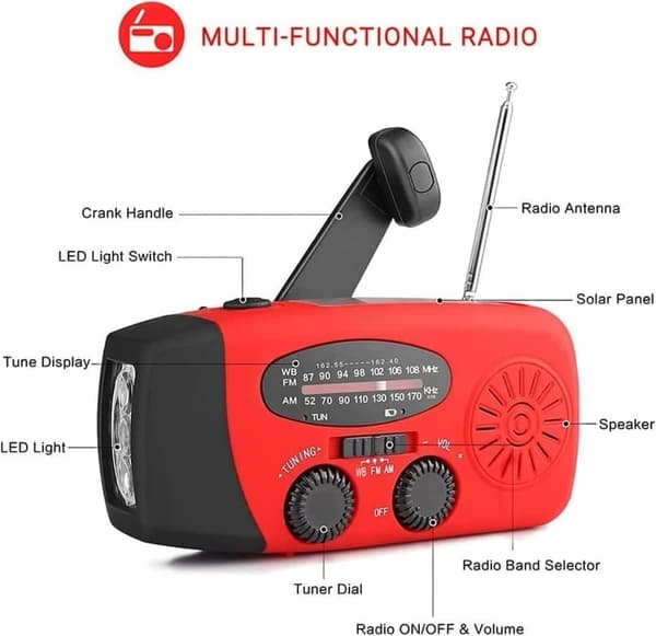 Krankradio med solceller, LED lommelygte og 2000mAh Power Bank SOS