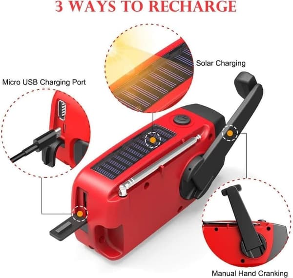 Krankradio med solceller, LED lommelygte og 2000mAh Power Bank SOS